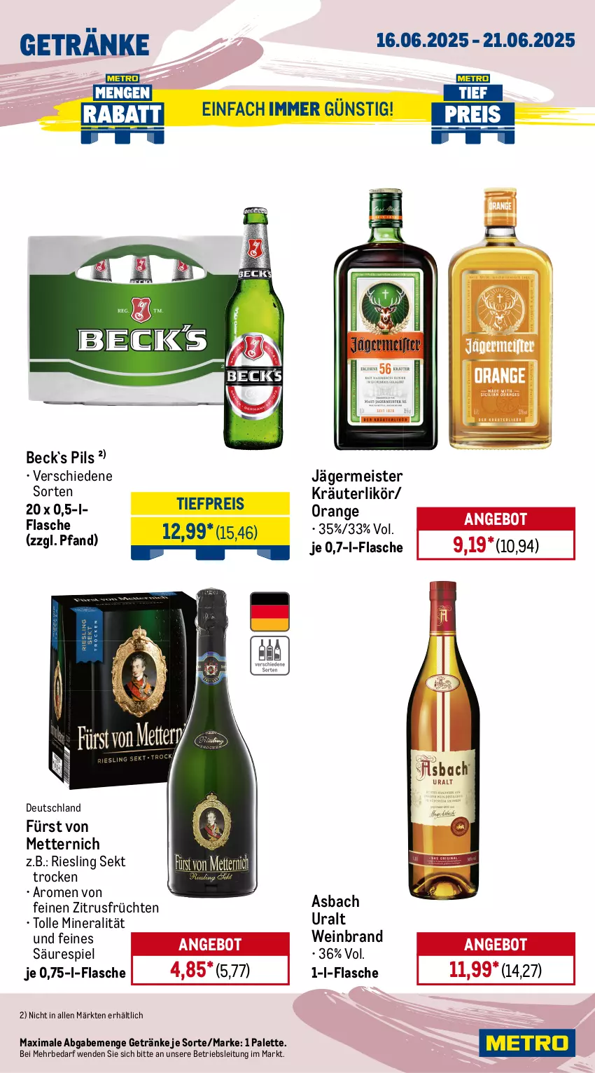 Aktueller Prospekt Metro - Wochen-Angebote Gastro - von 16.06 bis 21.06.2025 - strona 14 - produkty: angebot, asbach uralt, drucker, eis, elle, ente, flasche, früchte, früchten, fürst von metternich, Germ, getränk, getränke, grill, jägermeister, kräuter, kräuterlikör, likör, Meister, Metro, metro gastro, Mett, metternich, orange, Palette, papier, persil, pils, reis, riesling, sekt, Ti, tiefpreis, toilettenpapier, vollwaschmittel, waschmittel, wein, weinbrand