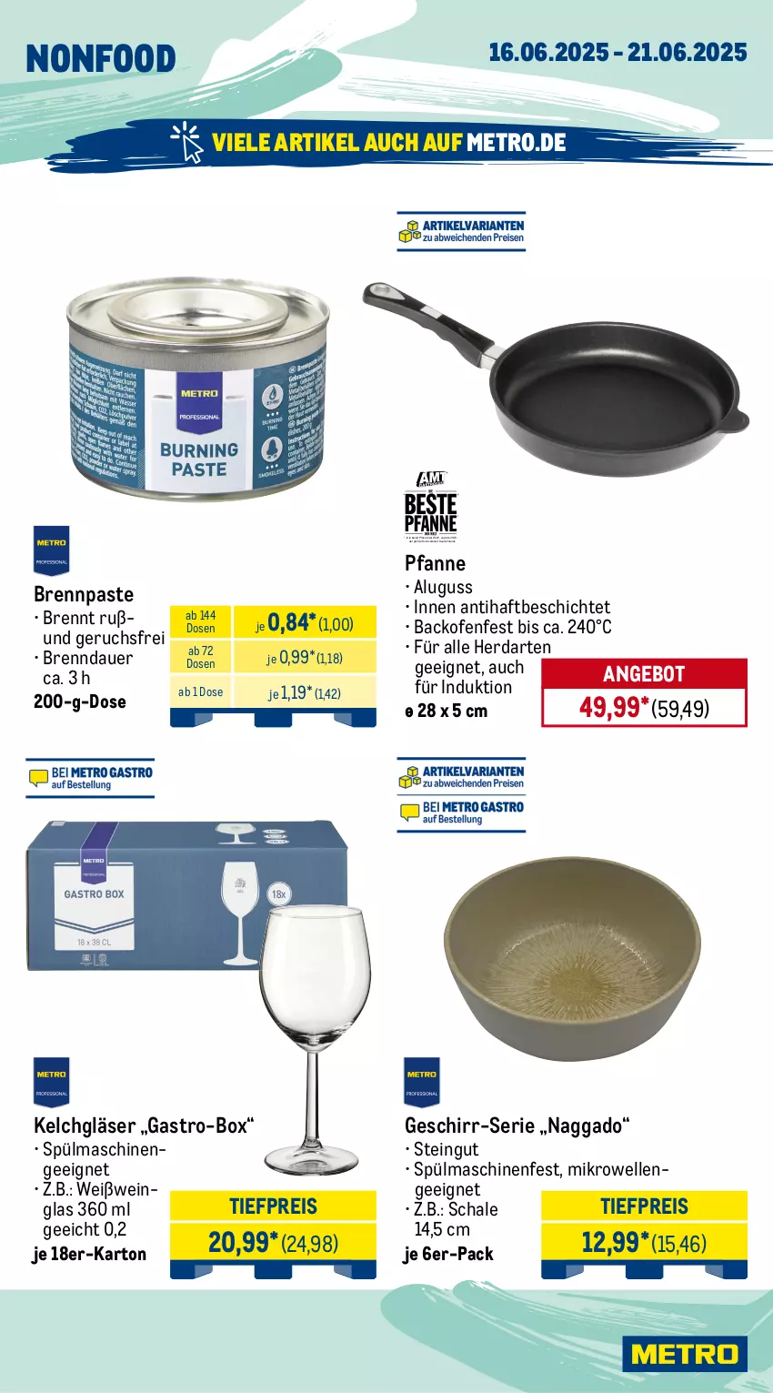 Aktueller Prospekt Metro - Wochen-Angebote Gastro - von 16.06 bis 21.06.2025 - strona 18 - produkty: angebot, auer, backofen, Brennpaste, eis, elle, geschirr, Gläser, herdarten, Metro, mikrowelle, Ofen, pfanne, reis, Schal, Schale, spülmaschinen, Ti, tiefpreis, wein, Weißwein, Weißweinglas