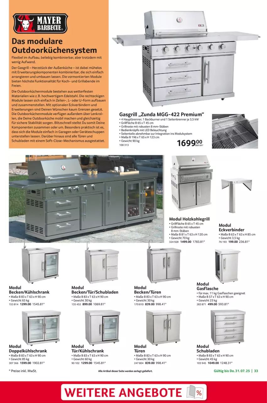 Aktueller Prospekt Selgros - Garten Exklusiv - von 20.03 bis 31.07.2025 - strona 33 - produkty: Bau, beleuchtung, edelstahl, eis, elle, ente, erde, flasche, gasflaschen, gasgrill, grill, grillfläche, grillrost, Holz, holzkohle, holzkohlegrill, Kohlegrill, küche, Küchen, kühlschrank, mac, reis, Ria, rwe, Schrank, schubladen, Ti, tisch