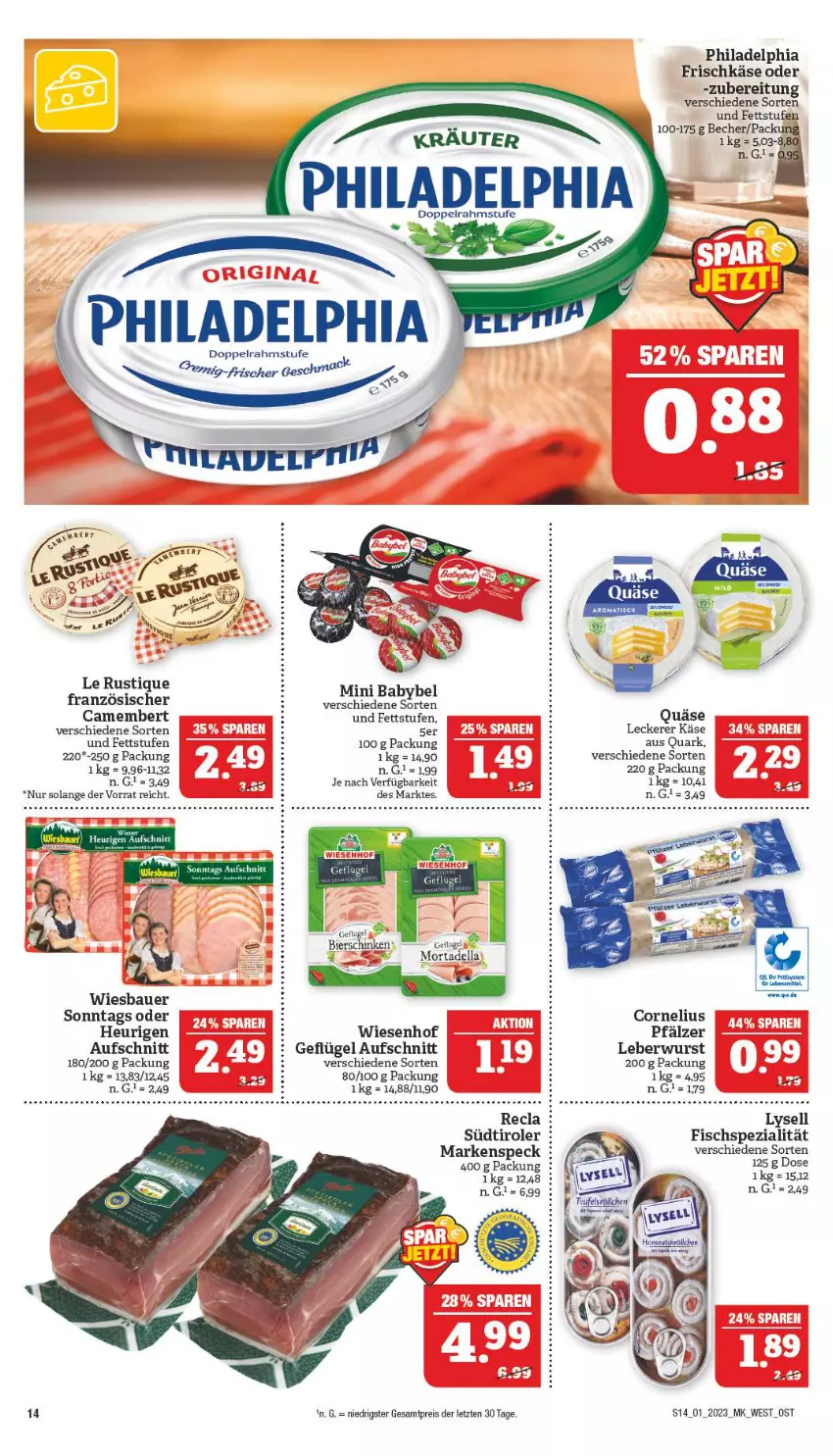 Aktueller Prospekt Marktkauf - Prospekt - von 01.01 bis 07.01.2022 - strona 14 - produkty: auer, aufschnitt, babybel, Bau, Bauer, Becher, bier, bierschinken, camembert, dell, eis, fisch, frischkäse, Geflügel, Heu, Käse, leberwurst, lysell, mini babybel, mortadella, philadelphia, quark, quäse, reis, schinken, Speck, Spezi, südtiroler, Ti, wiesbauer, wiesenhof, wurst, ZTE