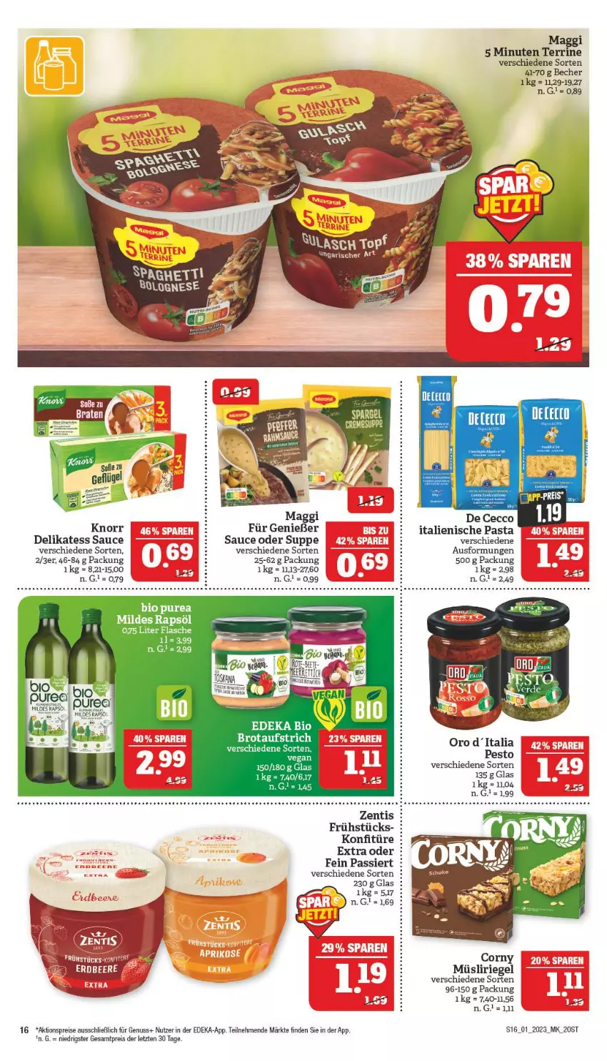 Aktueller Prospekt Marktkauf - Prospekt - von 01.01 bis 07.01.2022 - strona 16 - produkty: aktionspreis, Becher, beere, bett, bio, corny, De Cecco, deka, delikatess sauce, ecco, edeka bio, eis, gin, italienische pasta, knorr, konfitüre, maggi, müsli, Müsliriegel, nuss, pasta, pesto, rapsöl, reis, riegel, sauce, suppe, tee, Ti, Yo, zentis, ZTE