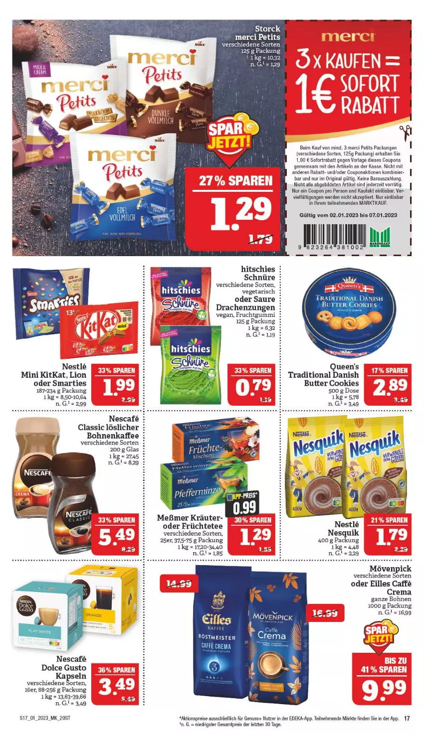 Aktueller Prospekt Marktkauf - Prospekt - von 01.01 bis 07.01.2022 - strona 17 - produkty: aktionspreis, bohne, bohnen, bohnenkaffee, butter, cookie, cookies, coupon, coupons, deka, dolce gusto, eis, erde, frucht, früchte, Früchtetee, fruchtgummi, gin, kaffee, kitkat, kräuter, lion, merci, Meßmer, mövenpick, nescafe, nesquik, nuss, reis, smarties, sofortrabatt, storck, tee, Ti, Vegeta, ZTE