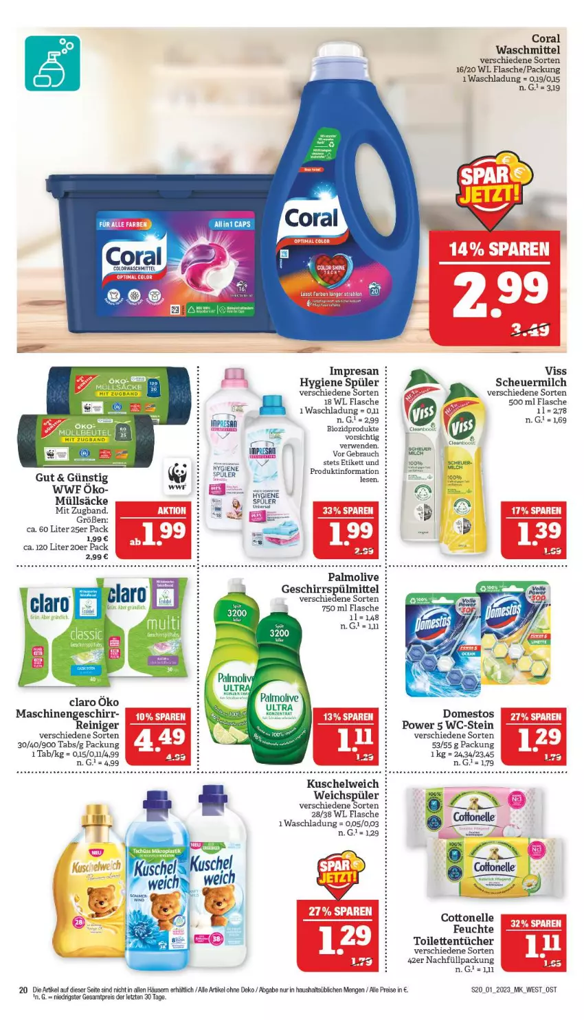 Aktueller Prospekt Marktkauf - Prospekt - von 01.01 bis 07.01.2022 - strona 20 - produkty: bio, biozidprodukte, Cap, colorwaschmittel, Coral, cottonelle, domestos, eis, elle, flasche, geschirr, Heu, Kuschelweich, milch, olive, palmolive, Rauch, reiniger, reis, resa, rwe, scheuermilch, Ti, toilettentücher, tücher, waschmittel, weichspüler, ZTE