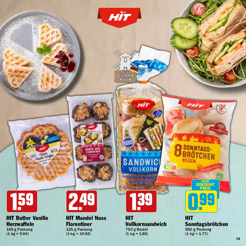 Aktueller Prospekt Hit - Feinkostbroschüre - von 04.03 bis 30.03.2024 - strona 19 - produkty: auer, beutel, brötchen, butter, discount, eis, Florentiner, korn, mandel, nuss, reis, sandwich, Sonntagsbrötchen, Ti, vanille, waffeln