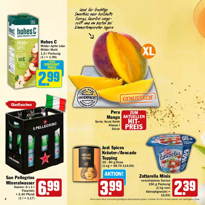 Aktueller Prospekt Hit - Feinkostbroschüre - von 04.03 bis 30.03.2024 - strona 2 - produkty: aktionspreis, Alwa, apfel, auer, avocado, curry, discount, eis, elle, flasche, frucht, glasflasche, Hohes C, kräuter, mango, mineralwasser, reis, rel, san pellegrino, smoothie, smoothies, Ti, wasser, zott, zottarella, zottarella minis