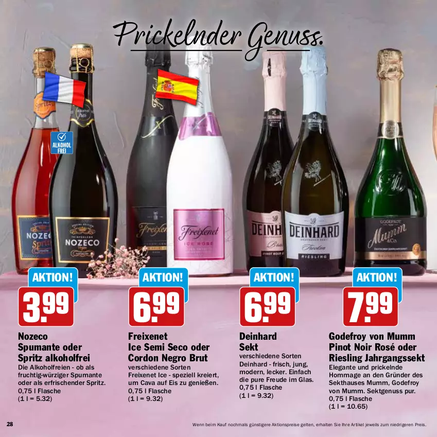 Aktueller Prospekt Hit - Feinkostbroschüre - von 04.03 bis 30.03.2024 - strona 28 - produkty: aktionspreis, alkohol, brut, Cava, eier, eis, flasche, freixenet, frucht, jahrgangssekt, Mode, mumm, nuss, Pinot, pinot noir, puma, reis, riesling, sekt, Spezi, spumante, Ti