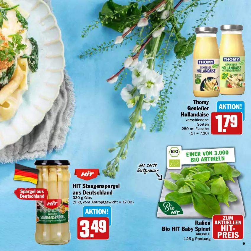 Aktueller Prospekt Hit - Feinkostbroschüre - von 04.03 bis 30.03.2024 - strona 9 - produkty: bio, bio hit, eis, elle, flasche, hollandaise, reis, spargel, spinat, stangenspargel, thomy, Ti