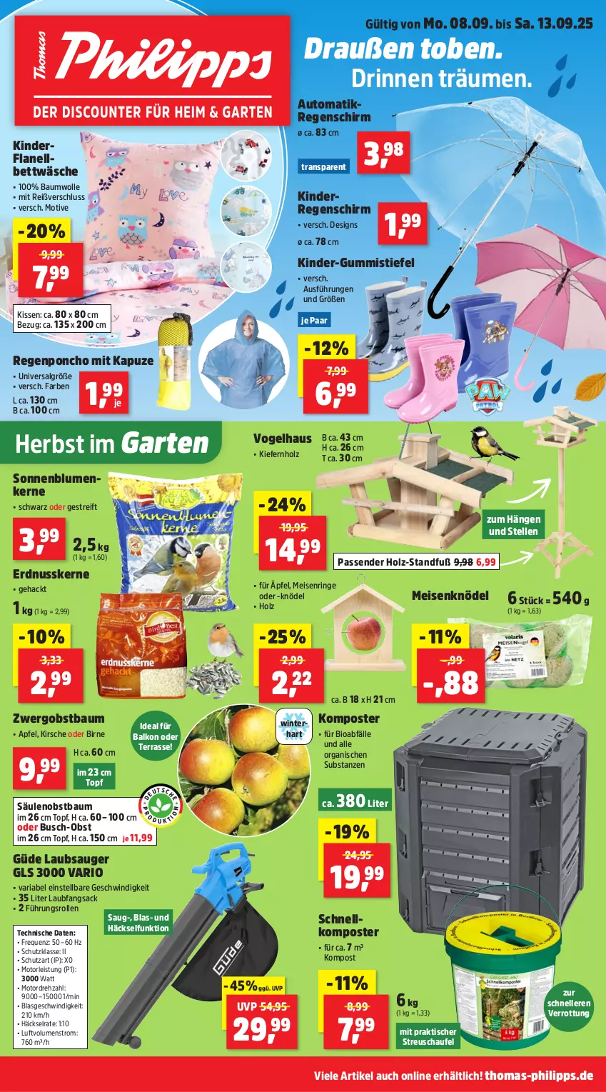 Aktueller Prospekt Thomas Philipps - von 08.09 bis 13.09.2025 - strona 1 - produkty: apfel, auto, Bau, baumwolle, bett, bettwäsche, bio, blume, blumen, eis, elle, erdnuss, Garten, Gummistiefel, Holz, Kinder, kirsch, kirsche, kissen, Knödel, Komposter, Laubsauger, LG, Meisenknödel, nuss, obst, Ria, ring, sac, sonnenblume, sonnenblumen, Sonnenblumenkerne, Ti, tisch, topf, wolle