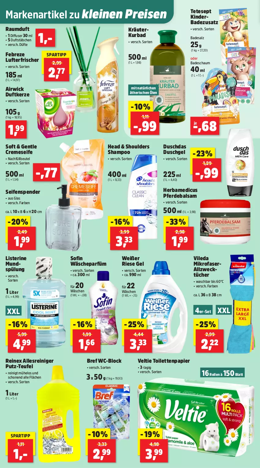 Aktueller Prospekt Thomas Philipps - von 08.09 bis 13.09.2025 - strona 12 - produkty: airwick, Allzwecktücher, Bad, balsam, beutel, Bref, creme, cremeseife, Diffuser, Duftkerze, duschdas, duschgel, eis, erde, febreze, kerze, Kinder, kräuter, leine, listerine, lufterfrischer, mikrofaser, mundspülung, papier, Raumduft, reiniger, reis, salz, Seife, seifenspender, shampoo, spartipp, spülung, Ti, toilettenpapier, tücher, vileda, wäscheparfüm, weck, WICK