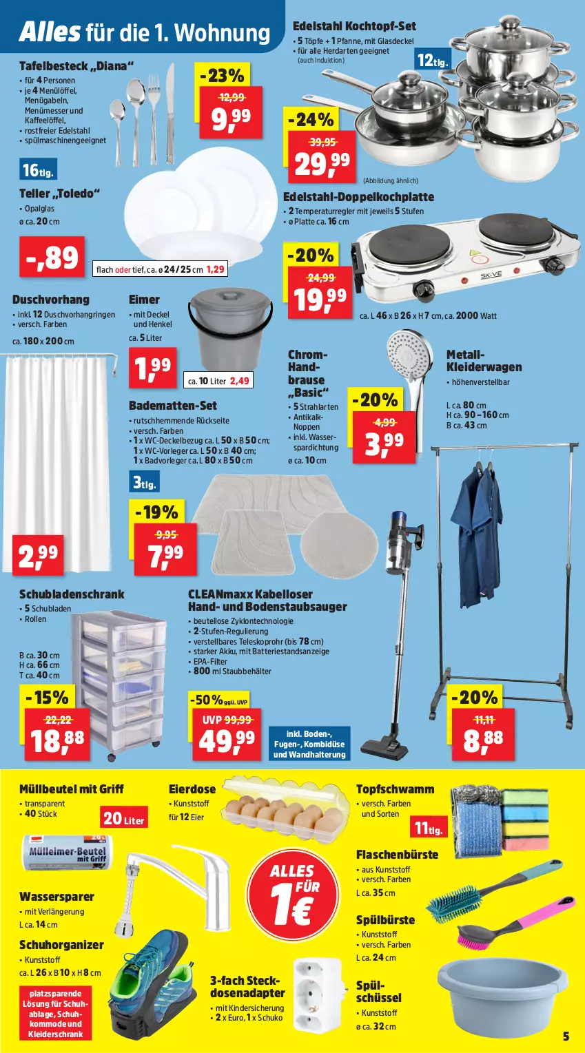 Aktueller Prospekt Thomas Philipps - von 08.09 bis 13.09.2025 - strona 5 - produkty: adapter, akku, Bad, badematte, batterie, Behälter, besteck, beutel, bodenstaubsauger, brause, bürste, cleanmaxx, decke, Deckel, duschvorhang, edelstahl, eier, eimer, elle, flasche, gabel, Glasdeckel, handbrause, henkel, herdarten, HP, kaffee, Kinder, kleid, kleider, kleiderschrank, Kleiderwagen, Kochtopf, kommode, latte, LG, Löffel, messer, Mode, müllbeutel, pfanne, ring, Schrank, schubladen, schüssel, schwamm, spülmaschinen, staubsauger, steckdose, Steckdosenadapter, Teleskop, teller, Ti, topf, topf-set, Topfschwamm, wandhalterung, wasser, WC-Vorleger