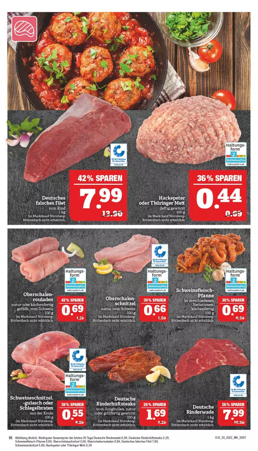 Aktueller Prospekt Marktkauf - Prospekt - von 14.08 bis 20.08.2022 - strona 10 - produkty: eis, Falsches Filet, filet, fleisch, gewürz, grill, gulasch, hüftsteak, hüftsteaks, küche, Küchen, Mett, natur, Oberschalenrouladen, pfanne, reis, rind, rinder, ring, rouladen, Schal, Schale, schnitzel, schwein, schweine, schweinefleisch, Schweinefleisch-Pfanne, schweineschnitzel, steak, steaks, Ti, wein, weine, ZTE