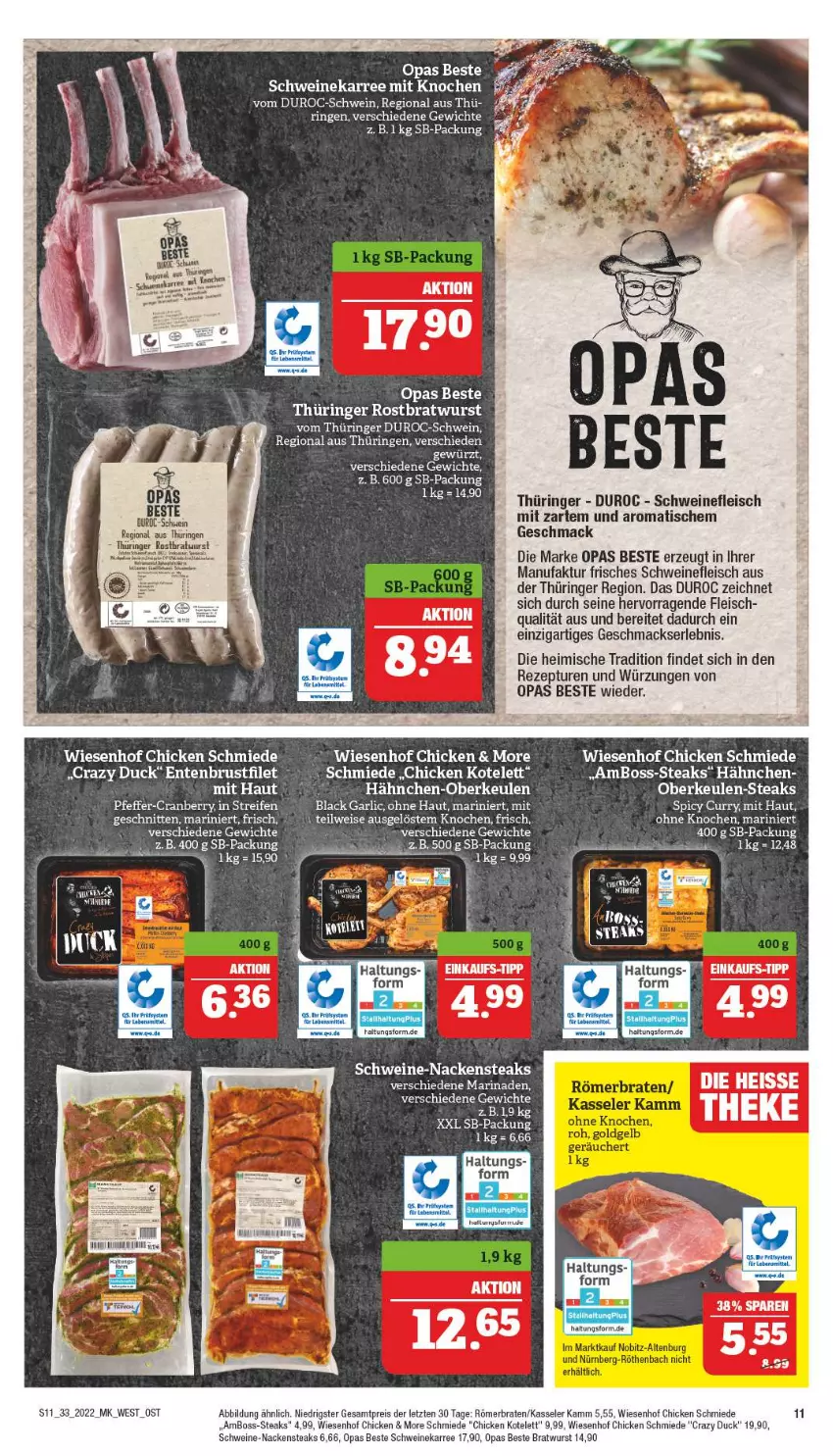 Aktueller Prospekt Marktkauf - Prospekt - von 14.08 bis 20.08.2022 - strona 11 - produkty: boss, braten, bratwurst, brustfilet, Duck, eis, ente, Entenbrust, Faktu, filet, fleisch, gewürz, Hähnchen-Oberkeulen, kasseler, kotelett, lack, mac, marinade, mars, Nackensteak, nackensteaks, reis, rezept, ring, rostbratwurst, schnitten, schwein, schweine, schweinefleisch, steak, steaks, thüringer rostbratwurst, Ti, tisch, wein, weine, wiesenhof, wurst, ZTE