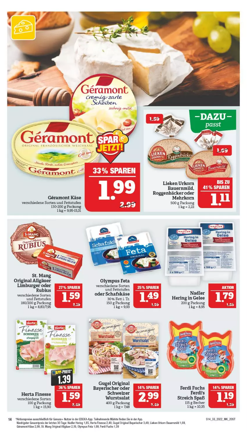 Aktueller Prospekt Marktkauf - Prospekt - von 14.08 bis 20.08.2022 - strona 14 - produkty: aktionspreis, auer, Bau, Bauer, Becher, burger, deka, eis, ferdi fuchs, feta, finesse, gelee, gin, hering, herta, herta finesse, Käse, korn, LG, lieken, Limburger, nadler, nuss, Ofen, reis, ring, Rubius, salat, schafskäse, St. Mang, Ti, urkorn, wurst, ZTE