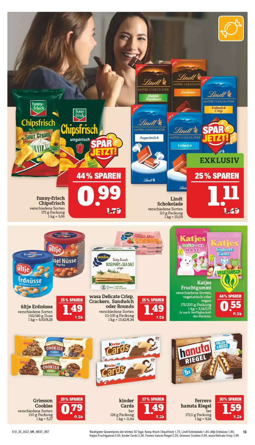 Aktueller Prospekt Marktkauf - Prospekt - von 14.08 bis 20.08.2022 - strona 19 - produkty: chips, chipsfrisch, cookie, cookies, cracker, eis, erdnüsse, ferrero, frucht, fruchtgummi, funny-frisch, griesson, hanuta, katjes, Kinder, LG, lindt, reis, riegel, sandwich, schoko, schokolade, snack, ültje, ültje erdnüsse, wasa, ZTE