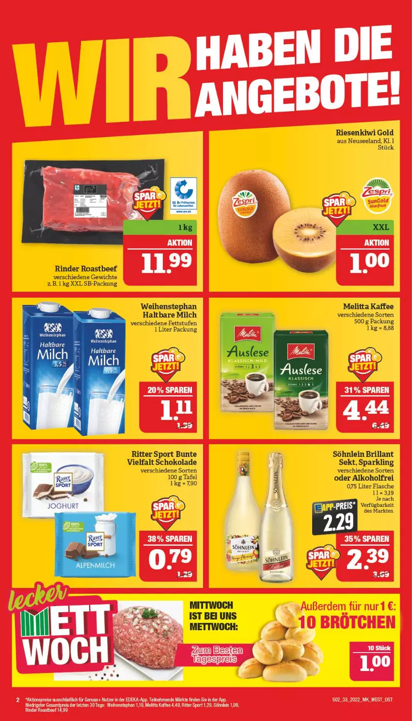 Aktueller Prospekt Marktkauf - Prospekt - von 14.08 bis 20.08.2022 - strona 2 - produkty: aktionspreis, alkohol, angebot, angebote, beef, deka, eis, Elan, flasche, haltbare milch, kaffee, kiwi, Kiwi Gold, melitta, milch, nuss, reis, rind, rinder, ritter, ritter sport, roastbeef, schoko, schokolade, sekt, söhnlein, söhnlein brillant, Sport, Ti, weihenstephan, ZTE