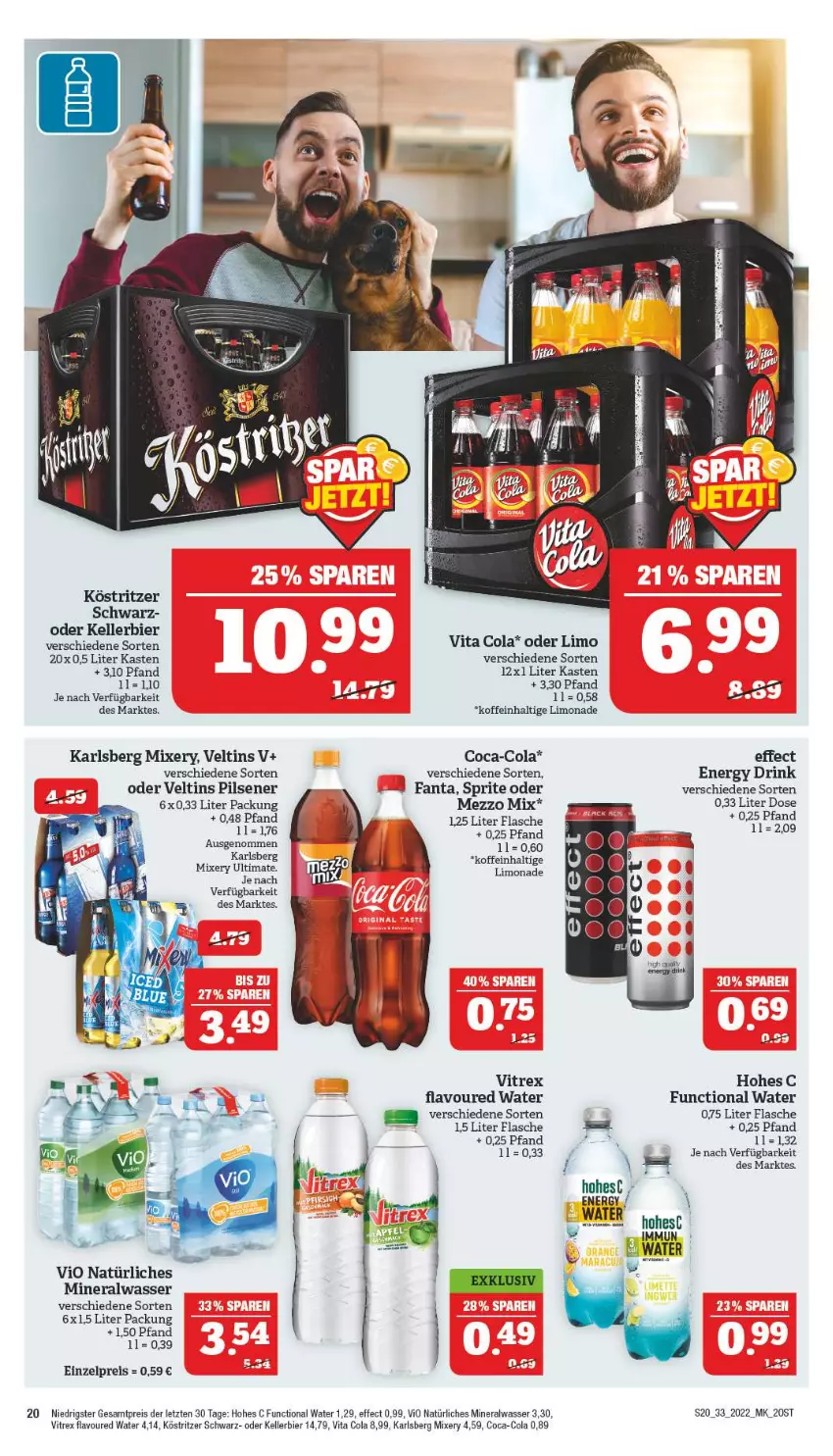 Aktueller Prospekt Marktkauf - Prospekt - von 14.08 bis 20.08.2022 - strona 20 - produkty: Alwa, bier, coca-cola, cola, drink, Effect, eis, elle, energy drink, fanta, flasche, Hohes C, karlsberg, karlsberg mixery, kellerbier, köstritzer, limo, limonade, Mezzo Mix, mineralwasser, Mixer, mixery, natürliches mineralwasser, pils, pilsener, reis, sprite, Ti, veltins, veltins pilsener, vita, Vita C, vitrex, wasser, ZTE