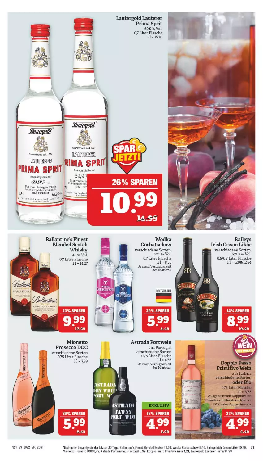 Aktueller Prospekt Marktkauf - Prospekt - von 14.08 bis 20.08.2022 - strona 21 - produkty: Astra, baileys, ball, Ballantine's, bio, blended scotch, doppio passo, ecco, eier, eierlikör, eis, flasche, früchte, Gorbatschow, irish cream, likör, mac, mionetto, passo, Portwein, primitivo, prosecco, reis, Ria, riserva, scotch, Ti, topf, wein, whisky, wodka, ZTE