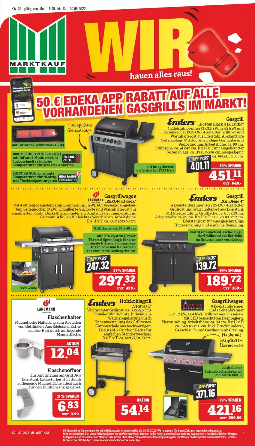 Aktueller Prospekt Marktkauf - Prospekt - von 14.08 bis 20.08.2022 - strona 33 - produkty: angebot, angebote, Bau, Brei, decke, Deckel, edelstahl, eis, elle, enders, flasche, garraum, gasflaschen, gasgrill, grill, grillfläche, grillrost, Kocher, lack, Leuchte, nuss, Reinigung, Schal, Schale, schlauch, thermometer, Ti, Windschutz