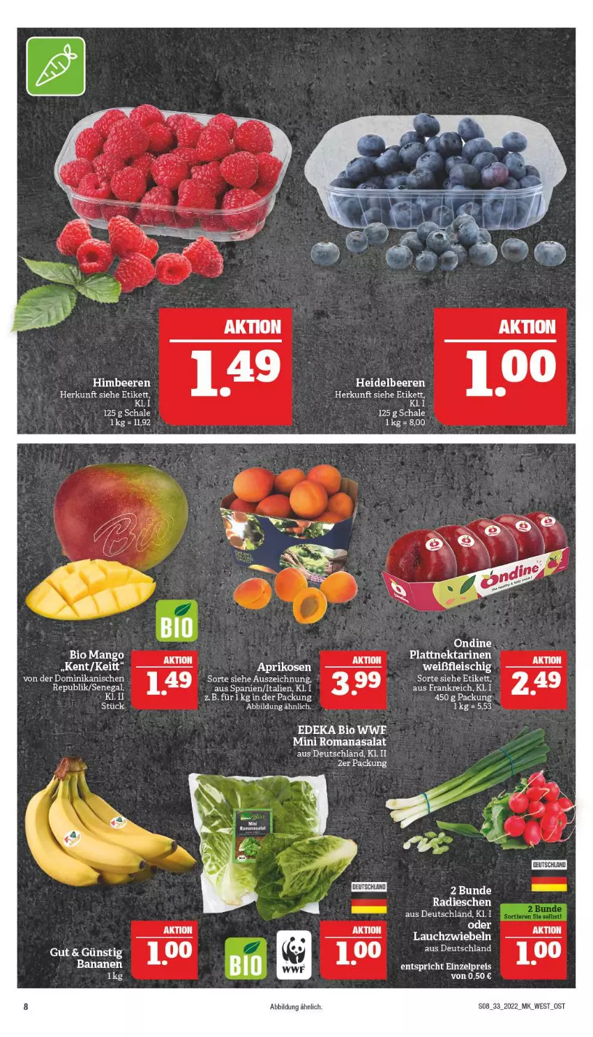 Aktueller Prospekt Marktkauf - Prospekt - von 14.08 bis 20.08.2022 - strona 8 - produkty: aprikose, aprikosen, banane, bananen, beere, beeren, bio, deka, edeka bio, gin, himbeer, himbeere, himbeeren, Lauchzwiebel, lauchzwiebeln, mango, radieschen, Romanasalat, salat, Schal, Schale, tee, Ti, zwiebel, zwiebeln