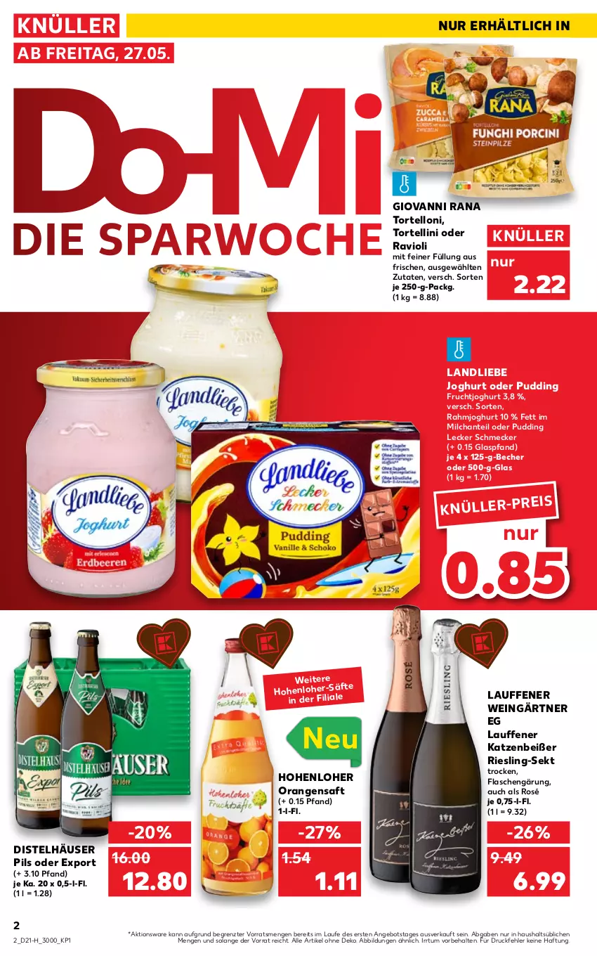 Aktueller Prospekt Kaufland - Spezielle Angebote - von 27.05 bis 01.06.2022 - strona 2 - produkty: angebot, Becher, eis, flasche, frucht, fruchtjoghurt, giovanni rana, joghur, joghurt, landliebe, landliebe joghurt, milch, orange, orangen, orangensaft, pils, pudding, rahmjoghurt, Rana, ravioli, riesling, saft, säfte, sekt, Ti, torte, tortellini, tortelloni, wein, ZTE