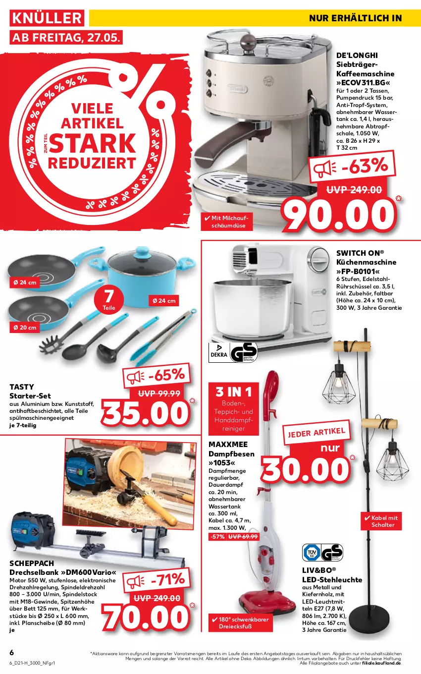 Aktueller Prospekt Kaufland - Spezielle Angebote - von 27.05 bis 01.06.2022 - strona 6 - produkty: angebot, angebote, auer, Bank, bett, dampfreiniger, De'Longhi, edelstahl, Elektro, Holz, kaffee, kaffeemaschine, küche, Küchen, küchenmaschine, led-stehleuchte, Leuchte, leuchtmittel, milch, reiniger, Rührschüssel, Schal, Schale, schüssel, spülmaschinen, stehleuchte, tasse, teppich, Ti, wasser, wassertank, ZTE