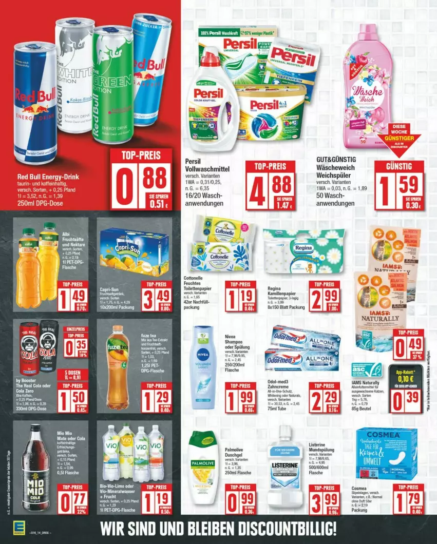 Aktueller Prospekt Edeka - Prospekte - von 13.04 bis 20.04.2024 - strona 14 - produkty: cottonelle, elle, feuchtes toilettenpapier, flasche, gin, Kamill, kamille, listerine, natur, natura, nivea, olive, palmolive, papier, persil, Ria, shampoo, shampoo oder spülung, spülung, Ti, toilettenpapier, vollwaschmittel, waschmittel, weichspüler