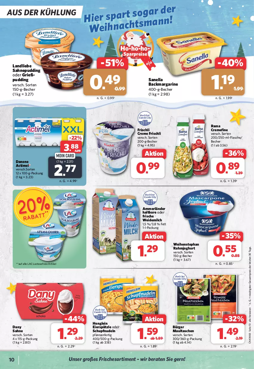 Aktueller Prospekt Combi - Prospekte - von 27.11 bis 02.12.2023 - strona 10 - produkty: actimel, ammerländer, Becher, creme, danone, Dany, dany sahne, eier, eierspätzle, eis, flasche, frischli, Grießpudding, henglein, joghur, joghurt, landliebe, margarine, maultaschen, merl, milch, nudel, nudeln, pfanne, pfannen, pudding, rahmjoghurt, rama, rama cremefine, reis, sahne, Tasche, taschen, Ti, weidemilch, weihenstephan, ZTE