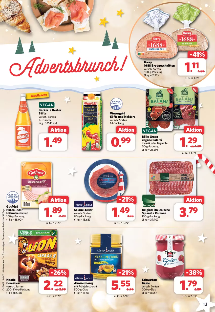 Aktueller Prospekt Combi - Prospekte - von 27.11 bis 02.12.2023 - strona 13 - produkty: baguette, brot, cerealien, eis, elle, flasche, gelee, gin, glasflasche, gutfried, hähnchenbrust, honig, Nektar, nestlé, pute, reis, säfte, salami, salami-teller, schnitten, Schwartau, teller, Ti, ZTE