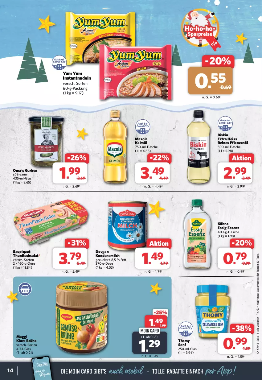 Aktueller Prospekt Combi - Prospekte - von 27.11 bis 02.12.2023 - strona 14 - produkty: auer, Brühe, dovgan, eis, essig, fisch, flasche, gurke, gurken, keimöl, kondensmilch, Kühne, maggi, mazola, milch, nudel, nudeln, pflanze, pflanzen, Pflanzenöl, reis, salat, saupiquet, senf, thomy, thunfisch, Thunfischsalat, Ti, Yum Yum, ZTE, zucker