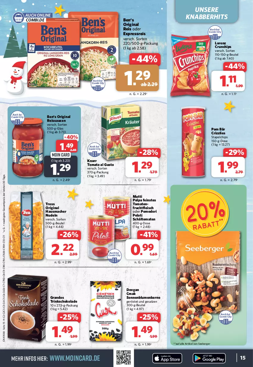 Aktueller Prospekt Combi - Prospekte - von 27.11 bis 02.12.2023 - strona 15 - produkty: Berger, beutel, blume, blumen, chips, crunchips, dovgan, eis, fleisch, frucht, fruchtfleisch, gin, Hausmacher, knorr, lorenz, lorenz crunchips, mac, Mutti, nudel, nudeln, reis, reiss, salz, sauce, saucen, schoko, schokolade, seeberger, sonnenblume, sonnenblumen, Sonnenblumenkerne, Ti, tomate, tomaten, tomato al gusto, ZTE