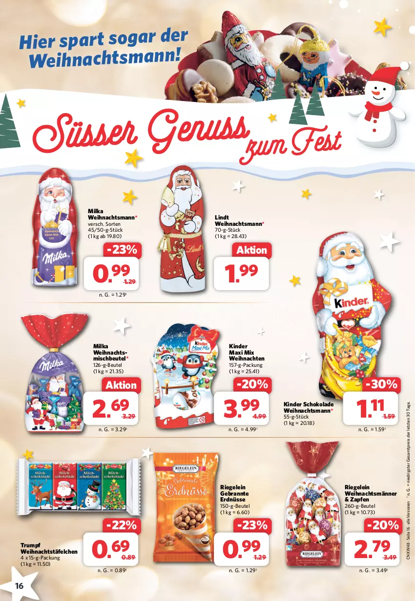 Aktueller Prospekt Combi - Prospekte - von 27.11 bis 02.12.2023 - strona 16 - produkty: beutel, eis, erdnüsse, Gebrannte Erdnüsse, Kinder, Kinder Maxi, kinder schokolade, lindt, milka, nuss, reis, riegel, rum, schoko, schokolade, Ti, weihnachten, ZTE