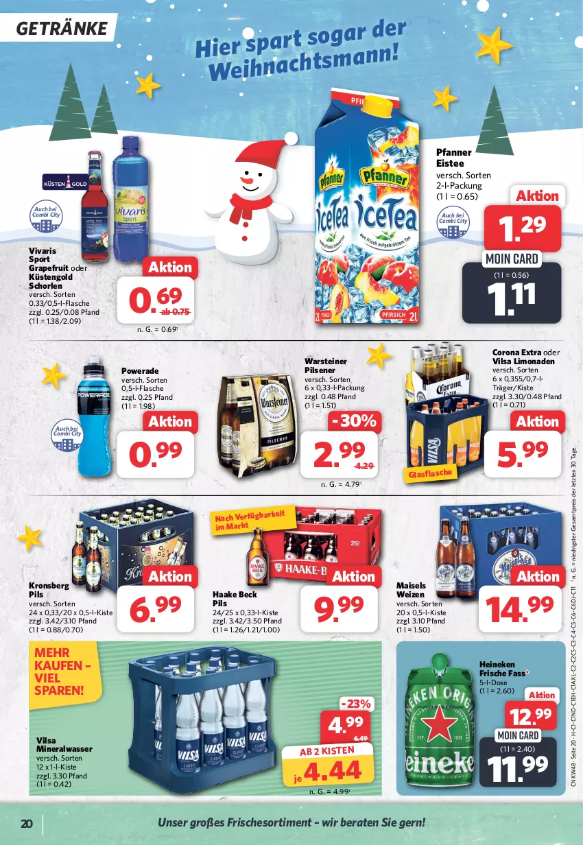 Aktueller Prospekt Combi - Prospekte - von 27.11 bis 02.12.2023 - strona 20 - produkty: Alwa, corona, corona extra, eis, eistee, flasche, getränk, getränke, glasflasche, grapefruit, heineken, küstengold, limo, limonade, limonaden, mais, mineralwasser, pfanne, Pfanner, pils, pilsener, reis, schorle, Sport, steiner, tee, Ti, vilsa, Vivaris, warsteiner, wasser, ZTE