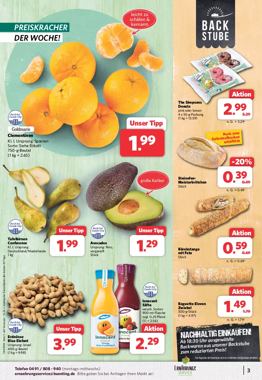 Aktueller Prospekt Combi - Prospekte - von 27.11 bis 02.12.2023 - strona 3 - produkty: angebot, angebote, avocado, avocados, backwaren, baguette, beutel, Birnen, brötchen, clementinen, Donut, donuts, eis, Elefant, erdnüsse, feta, flasche, Innocent, kracher, Meister, Ofen, reis, säfte, sim, steinofen, stube, tafelbirnen, telefon, Ti, ZTE, zwiebel