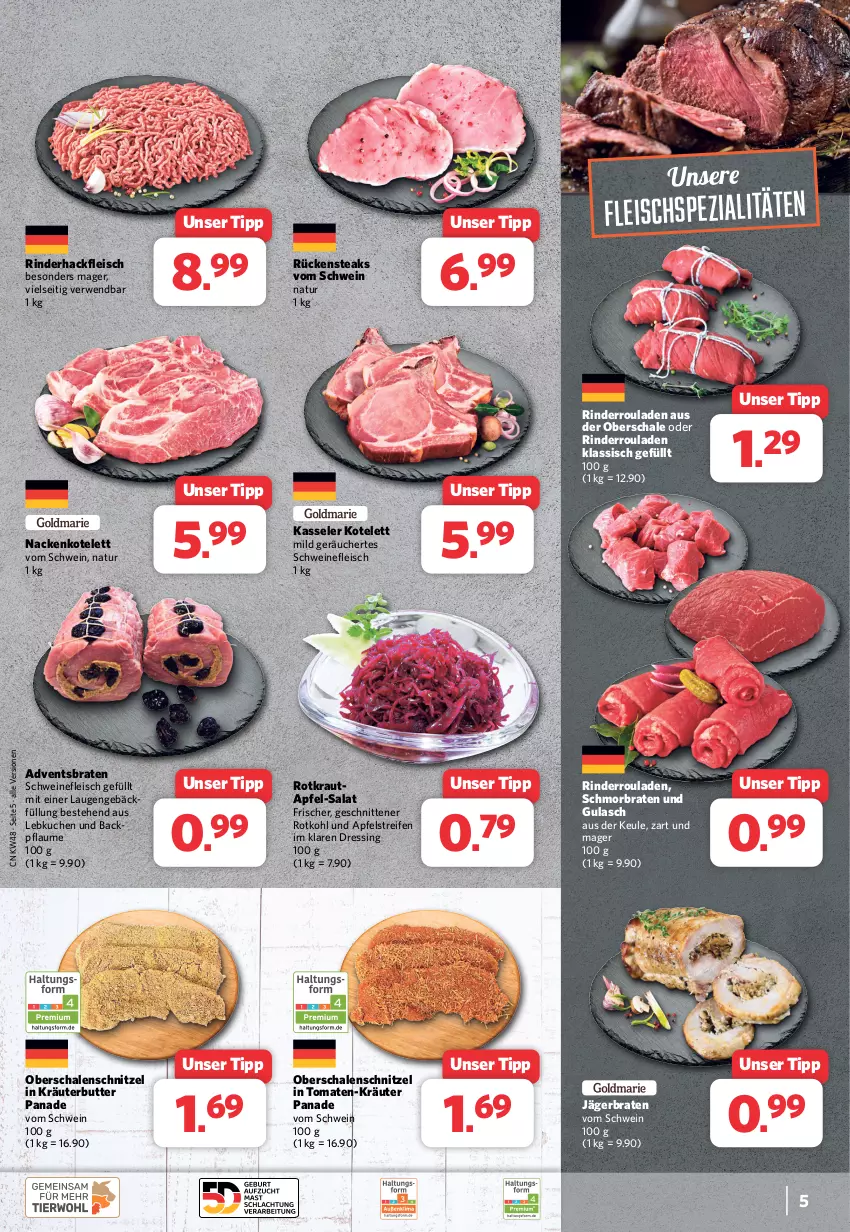 Aktueller Prospekt Combi - Prospekte - von 27.11 bis 02.12.2023 - strona 5 - produkty: apfel, braten, butter, dressing, eis, fleisch, gulasch, hackfleisch, kasseler, kotelett, Kraut, kräuter, kräuterbutter, kuchen, Lebkuchen, natur, pflaume, reifen, rind, rinder, rinderhackfleisch, Rinderroulade, rinderrouladen, rotkohl, rouladen, Rückensteak, rückensteaks, rwe, salat, Schal, Schale, schmorbraten, schnitten, schnitzel, schwein, schweine, schweinefleisch, Spezi, steak, steaks, Ti, tomate, tomaten, wein, weine