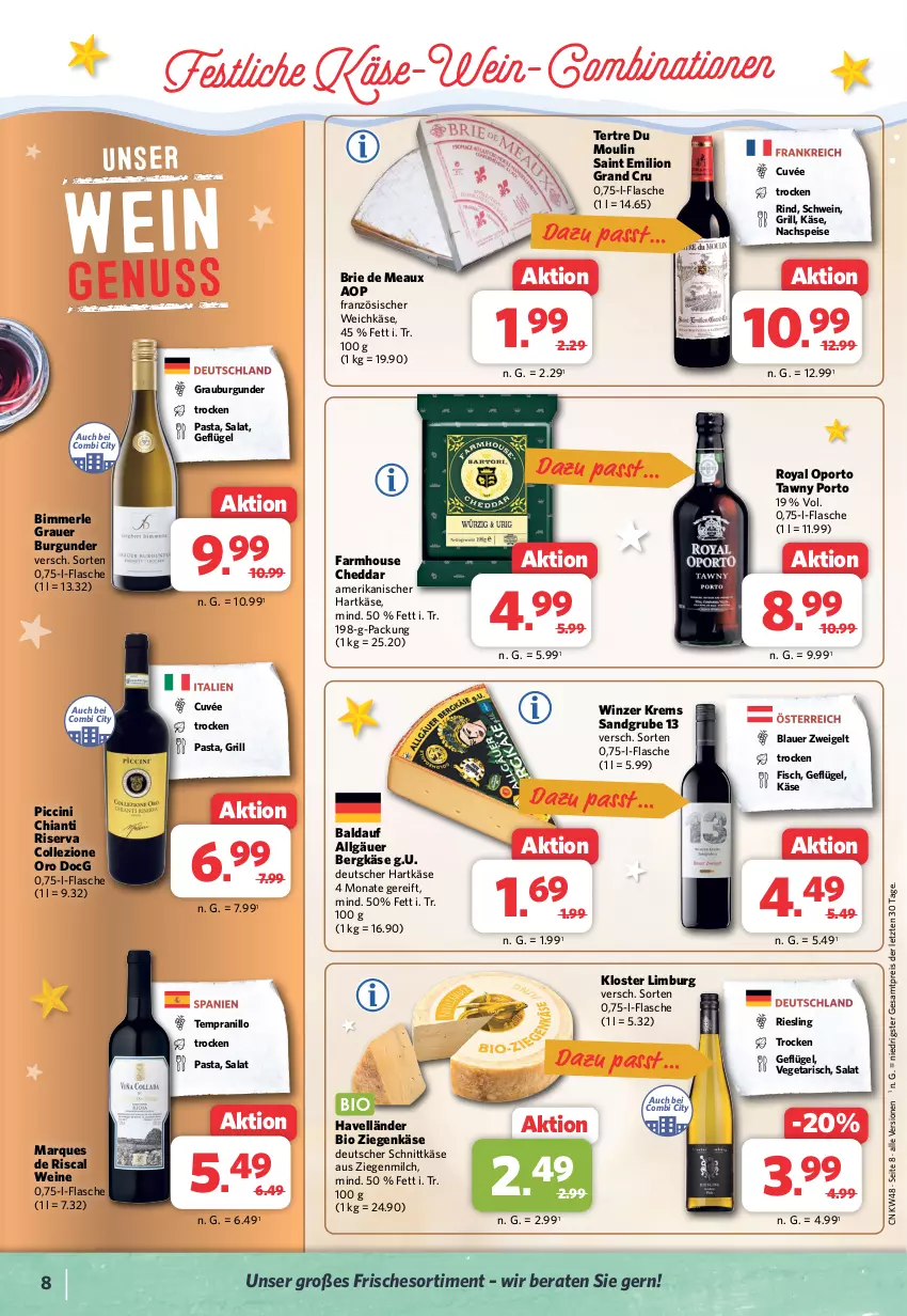 Aktueller Prospekt Combi - Prospekte - von 27.11 bis 02.12.2023 - strona 8 - produkty: auer, Bergkäse, bio, blauer zweigelt, brie, burgunder, cheddar, chia, chianti, cin, cuvée, deutscher schnittkäse, eis, fisch, flasche, französischer weichkäse, Geflügel, grauburgunder, grauer burgunder, grill, hartkäse, Käse, LG, lion, merl, milch, pasta, reis, riesling, rind, riserva, salat, schnittkäse, schwein, Tawny Port, tempranillo, Ti, Vegeta, weichkäse, wein, weine, ziegenkäse, ZTE, Zweigelt