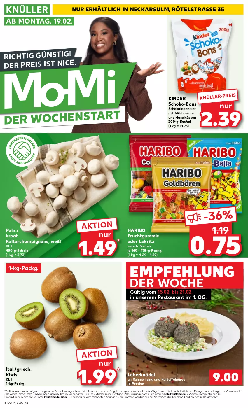 Aktueller Prospekt Kaufland - Extra-Angebote - von 15.02 bis 21.02.2024 - strona 8 - produkty: angebot, angebote, beutel, champignon, champignons, creme, eier, eis, erde, frucht, fruchtgummi, fruchtgummis, haribo, kartoffel, Kartoffelpüree, Kinder, kiwi, Knödel, Lakritz, Leberknödel, milch, oder lakritz, püree, reis, Schal, Schale, schoko, schoko-bons, schokolade, schokoladen, Ti, Wirsing, ZTE