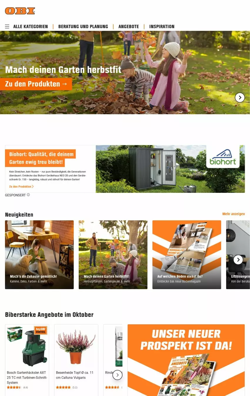 Aktueller Prospekt Obi - Prospekte - von 15.10 bis 23.10.2024 - strona 1 - produkty: angebot, angebote, auer, bio, biohort, bosch, decke, Garten, Gartenhäcksler, Kamin, LG, magazin, pflanze, pflanzen, Schrank, Ti, topf