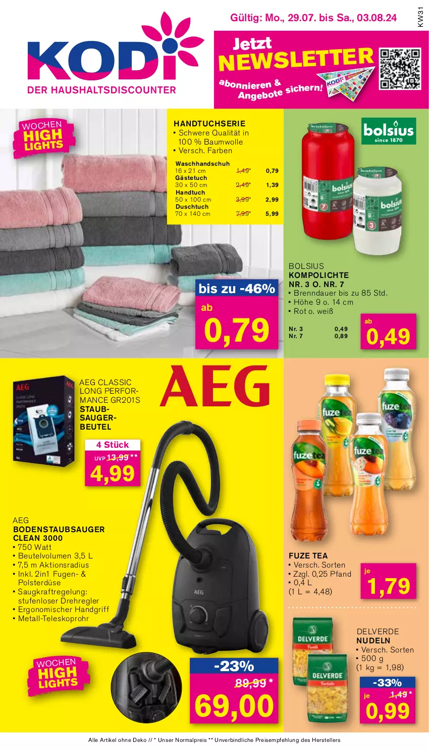 Aktueller Prospekt Kodi - Prospekte - von 29.07 bis 03.08.2024 - strona 1 - produkty: aeg, angebot, angebote, auer, auto, Bau, baumwolle, beutel, bodenstaubsauger, body, bree, Brei, bügel, duschtuch, edelstahl, eis, elle, erde, fuze tea, gästetuch, handtuch, Handtuchserie, Kinder, Klammern, Kocher, kraft, lamm, Leuchte, LG, maybach, nudel, nudeln, persil, perwoll, reis, Schal, slip, Slipper, Sport, staubsauger, staubsaugerbeutel, Tasche, tee, Teleskop, teller, Ti, tisch, Trockner, tuc, überhitzungsschutz, wäschetrockner, waschhandschuh, wasser, wasserkocher, wein, wolle