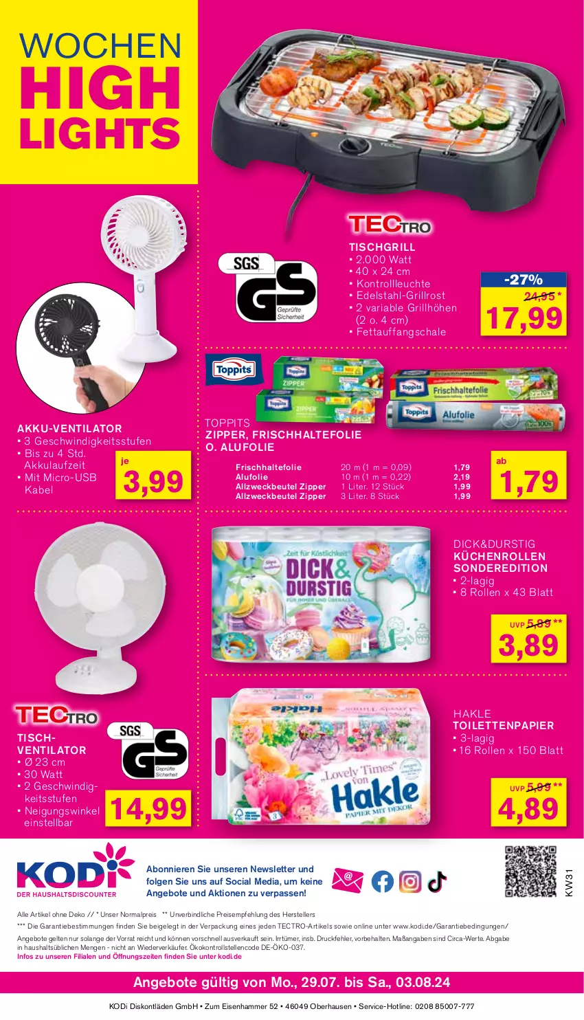 Aktueller Prospekt Kodi - Prospekte - von 29.07 bis 03.08.2024 - strona 8 - produkty: akku, Allzweckbeutel, angebot, angebote, beutel, edelstahl, eis, elle, frischhaltefolie, grill, grillrost, gsw, hakle, hakle toilettenpapier, küche, Küchen, küchenrolle, küchenrollen, lenco, Leuchte, LG, papier, reis, Ria, Schal, Schale, tectro, teller, Ti, tisch, tischgrill, tischventilator, toilettenpapier, toppits, usb, ventilator, weck, zipper