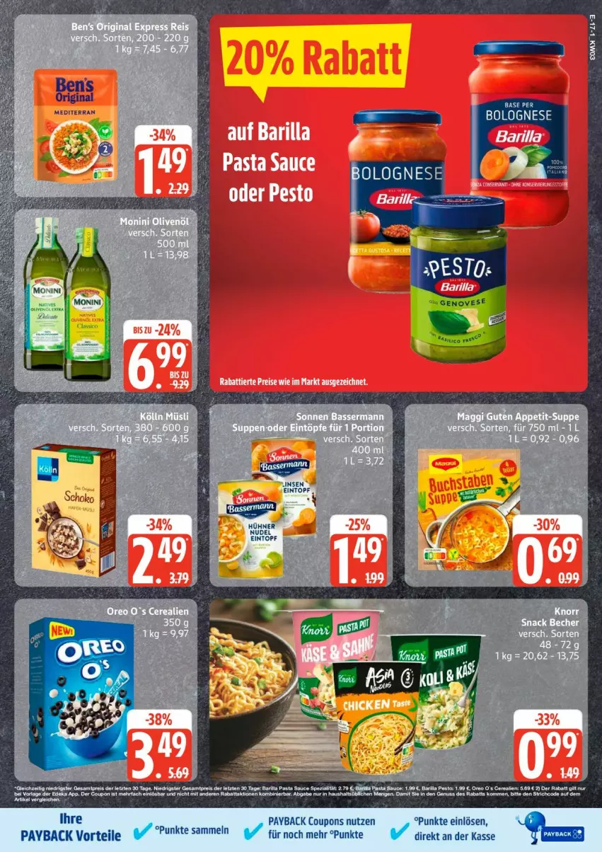 Aktueller Prospekt Edeka - Prospekte - von 12.01 bis 17.01.2026 - strona 19 - produkty: bolognese, cerealien, coupon, coupons, elle, gin, oreo, pasta, Pasta Sauce, payback, pesto, sauce, tee
