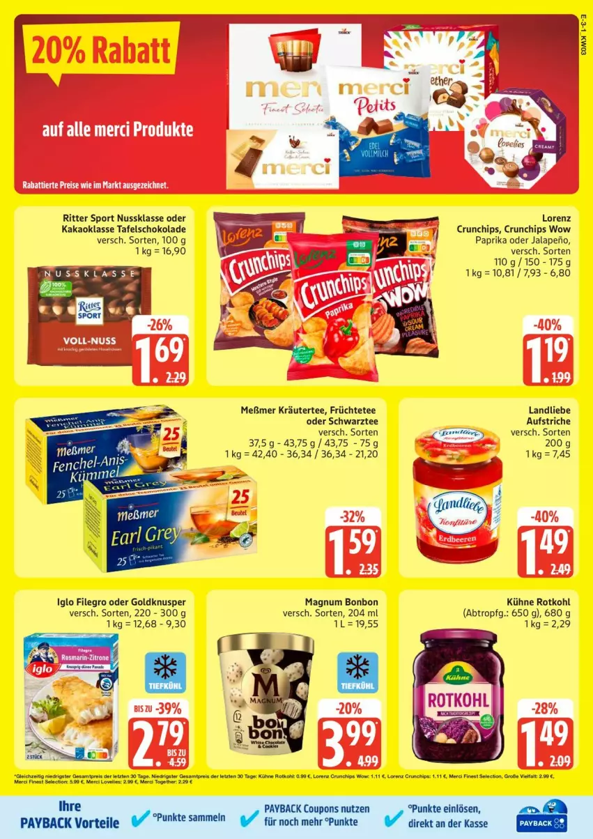 Aktueller Prospekt Edeka - Prospekte - von 12.01 bis 17.01.2026 - strona 3 - produkty: aufstrich, chips, coupon, coupons, crunchips, eier, filegro, früchte, Früchtetee, iglo, kakao, kräuter, Kühne, landliebe, lorenz, lorenz crunchips, magnum, merci, Meßmer, nuss, paprika, payback, ritter, ritter sport, rotkohl, schoko, schokolade, Sport, tafelschokolade, tee, tesa, Ti, ZTE