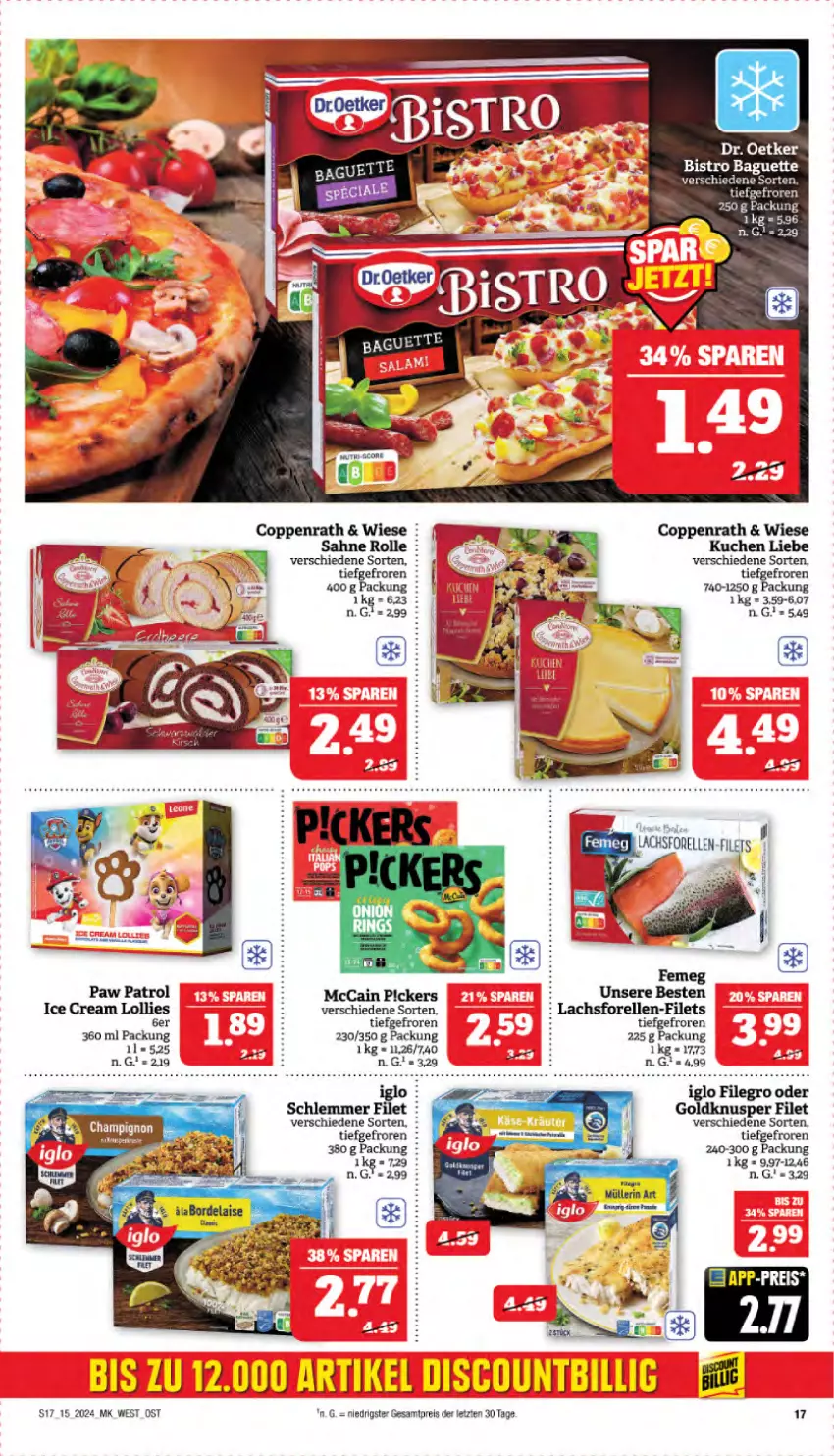 Aktueller Prospekt Marktkauf - Prospekt - von 07.04 bis 13.04.2024 - strona 19 - produkty: baguette, Bistro Baguette, coppenrath, Dr. Oetker, eis, elle, femeg, filegro, filet, filets, forelle, iglo, kuchen, lachs, mccain, Paw Patrol, reis, rel, sahne, Ti, ZTE