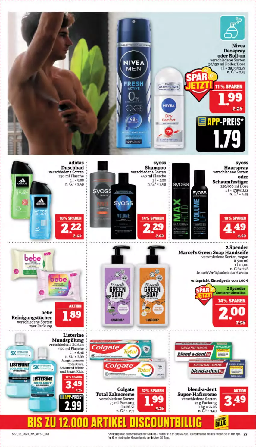 Aktueller Prospekt Marktkauf - Prospekt - von 07.04 bis 13.04.2024 - strona 29 - produkty: Adidas, aktionspreis, Bad, Bebe, colgate, creme, deka, duschbad, eis, flasche, haarspray, Haftcreme, Handseife, LG, listerine, mundspülung, nivea, nuss, Reinigung, reinigungstücher, reis, roll-on, Roller, Seife, shampoo, spülung, syoss, Ti, tücher, Yo, zahncreme, ZTE