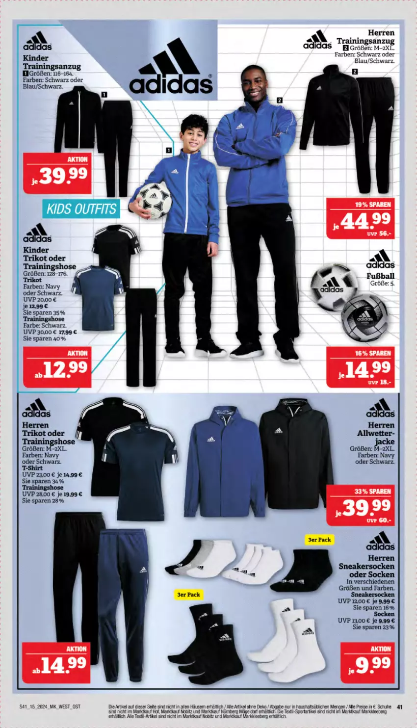 Aktueller Prospekt Marktkauf - Prospekt - von 07.04 bis 13.04.2024 - strona 43 - produkty: Adidas, Anzug, ball, eis, Fußball, hose, Kinder, LG, reis, schuhe, shirt, sneaker, sneakersocken, socken, Sport, T-Shirt, Ti, trainingsanzug, Trainingshose, Trikot