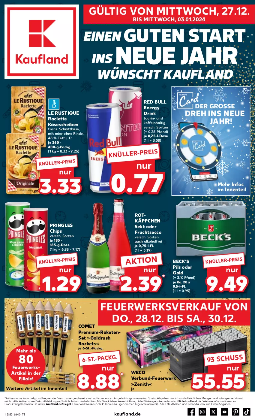 Aktueller Prospekt Kaufland - Prospekt - von 21.12.2023 bis 03.01.2024 - strona 1 - produkty: alkohol, angebot, angebote, auer, beck's, chips, drink, ecco, eis, energy drink, ente, Feuerwerksartikel, frucht, fruchtsecco, Jugendfeuerwerk, Käse, käsescheiben, Le Rustique, pils, pringles, Raclette Käse, Raketen, red bull, rind, ring, Rockets, rotkäppchen, rwe, schnittkäse, sekt, Ti, ZTE