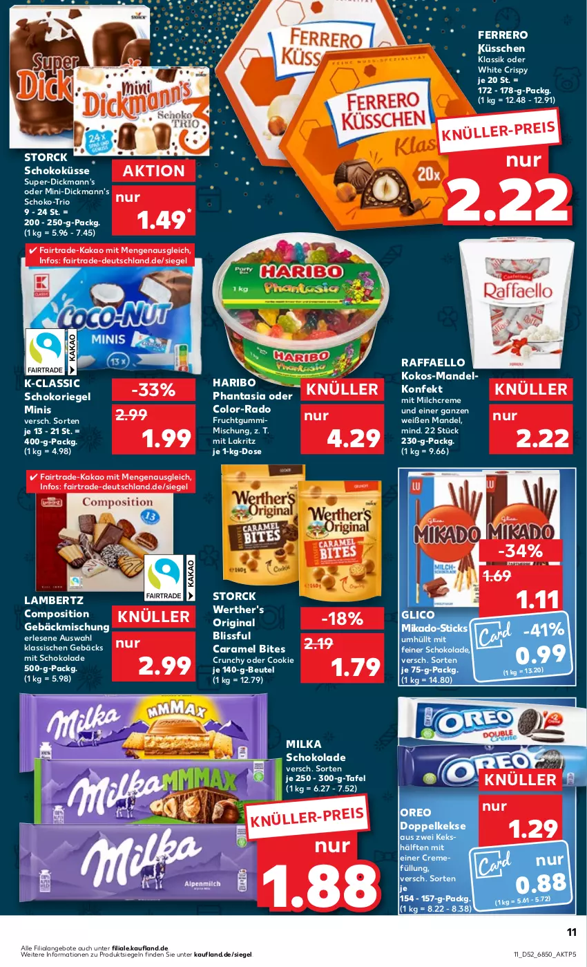 Aktueller Prospekt Kaufland - Prospekt - von 21.12.2023 bis 03.01.2024 - strona 11 - produkty: Amber, angebot, angebote, beutel, bites, caramel, cookie, creme, Dickmann's, Doppelkekse, eis, ferrero, Ferrero Küsschen, frucht, fruchtgummi, gebäckmischung, gin, haribo, kakao, keks, kekse, kokos, Lakritz, lambertz, mandel, mikado, milch, milka, milka schokolade, oreo, raffaello, riegel, schoko, schokolade, schokoriegel, storck, Ti, werther's