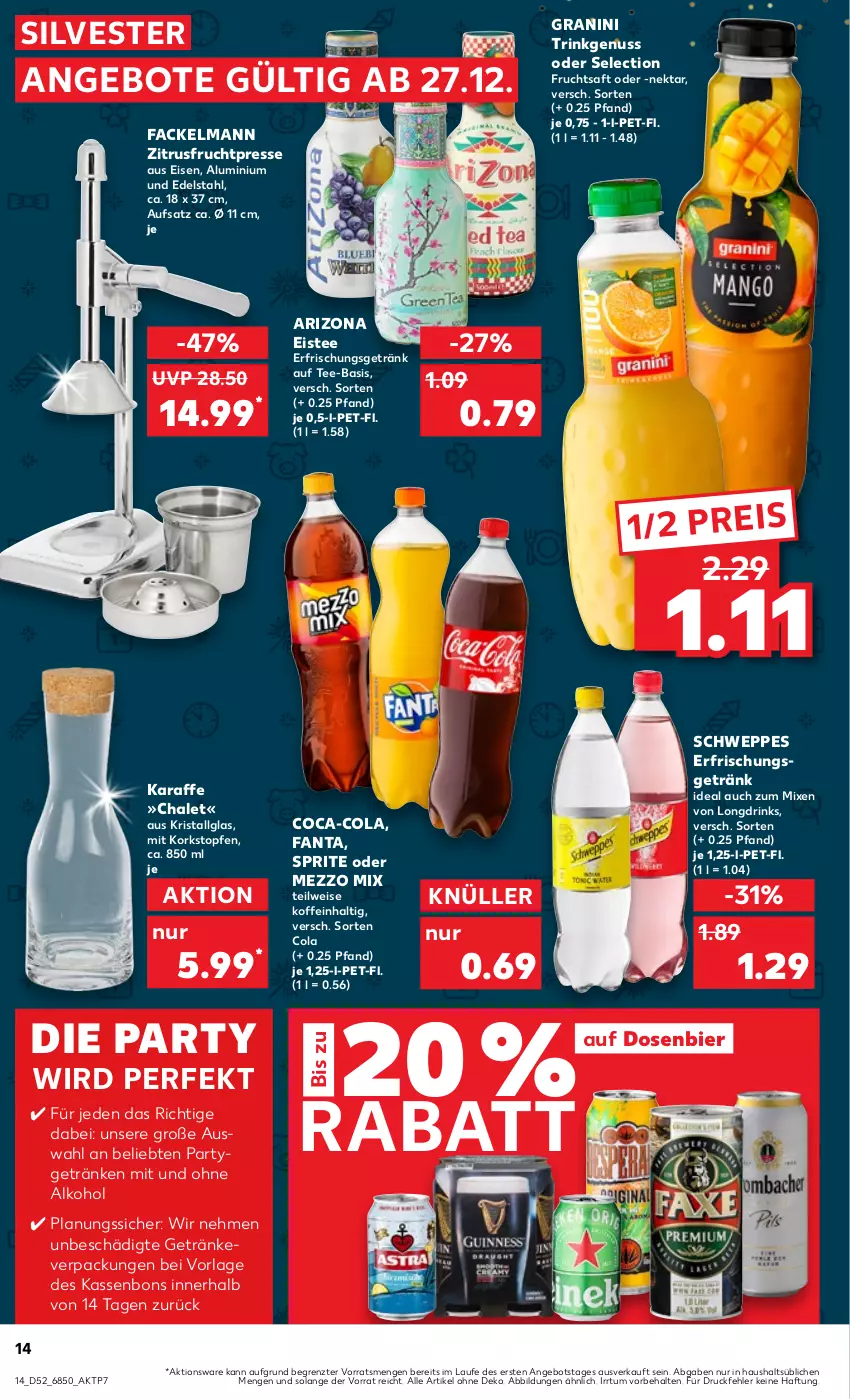 Aktueller Prospekt Kaufland - Prospekt - von 21.12.2023 bis 03.01.2024 - strona 14 - produkty: alkohol, angebot, angebote, bier, coca-cola, cola, drink, drinks, edelstahl, eis, eistee, erfrischungsgetränk, fackelmann, fanta, frucht, fruchtsaft, getränk, getränke, granini, Karaffe, LG, Mezzo Mix, Nektar, nuss, ohne alkohol, reis, saft, schweppes, sprite, tee, Ti, topf, Topfen, ZTE