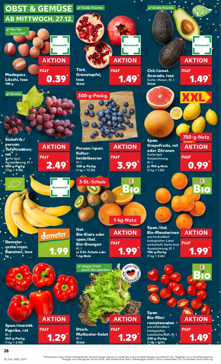 Aktueller Prospekt Kaufland - Prospekt - von 21.12.2023 bis 03.01.2024 - strona 28 - produkty: angebot, apfel, avocado, ball, banane, bananen, beere, beeren, bio, früchte, grana, granatapfel, grapefruit, heidelbeere, heidelbeeren, kiwi, mandarine, mandarinen, obst, orange, orangen, paprika, Rana, Romatomaten, salat, Schal, Schale, tafeltrauben, Ti, tomate, tomaten, trauben, trolli, zitrone, zitronen, ZTE