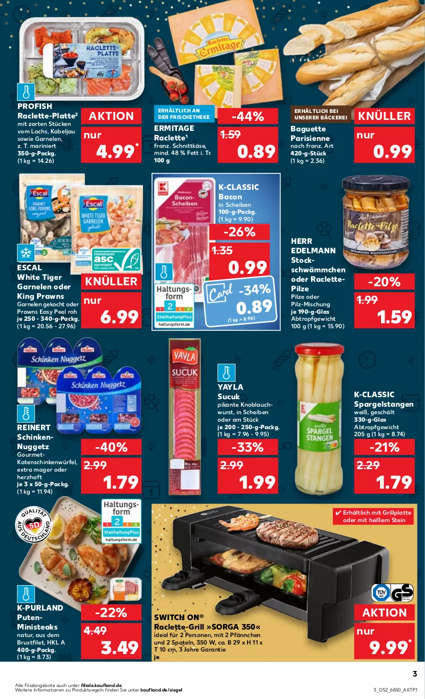 Aktueller Prospekt Kaufland - Prospekt - von 21.12.2023 bis 03.01.2024 - strona 3 - produkty: angebot, angebote, bacon, baguette, brustfilet, escal, filet, garnelen, grill, grillplatte, Käse, katenschinken, knoblauch, lachs, latte, natur, pilze, prawns, purland, pute, reinert, schinken, schnittkäse, spargel, steak, steaks, Sucuk, Ti, würfel, wurst