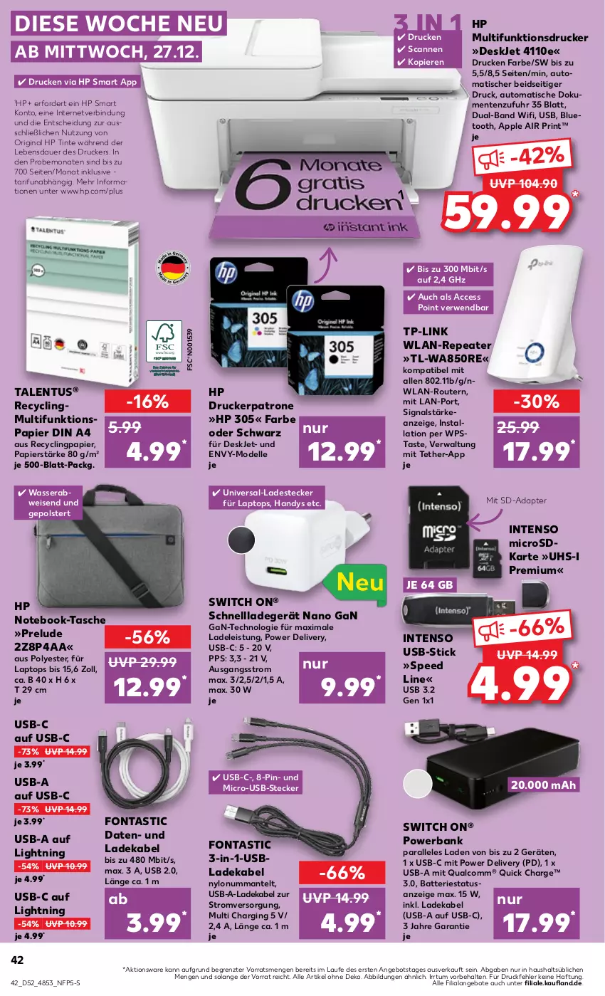 Aktueller Prospekt Kaufland - Prospekt - von 21.12.2023 bis 03.01.2024 - strona 42 - produkty: ACC, adapter, angebot, angebote, Apple, asti, auer, auto, Bank, batterie, Clin, deka, dell, din a4, drucker, eis, elle, ente, gin, Handy, HP, intenso, ladegerät, ladekabel, Laptop, Mantel, microsd, Mode, multifunktionsdrucker, notebook, papier, powerbank, rel, Router, rwe, schnellladegerät, Signal, spee, Tasche, Ti, tisch, TP-Link, uhr, usb, wasser, ZTE